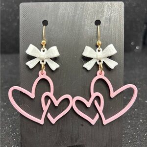 Pink Heart and White Bow Earrings